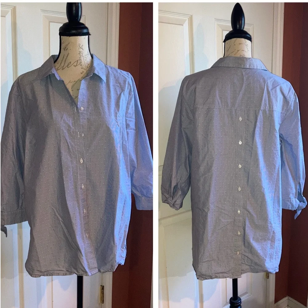 Roz & Ali Swiss Dot Casual Button Down Collared 3/4 Sleeve Top Blue White Large - Picture 1 of 8